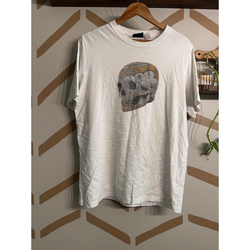 PS Paul Smith Graphic Tee Mens Large White Skull Graffiti Print Short Sleeve